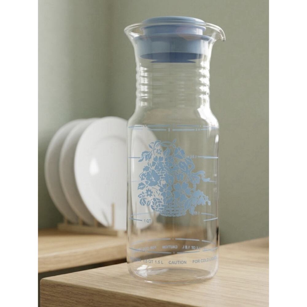 Pyrex Carafe Pitcher Cornflower Glass Clear Blue Floral Flowers 1.5 Qt, 1.5 L
